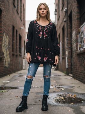 The Pyramid Collection Floral Embroidered tunic top M Boho peasant Cottagecore